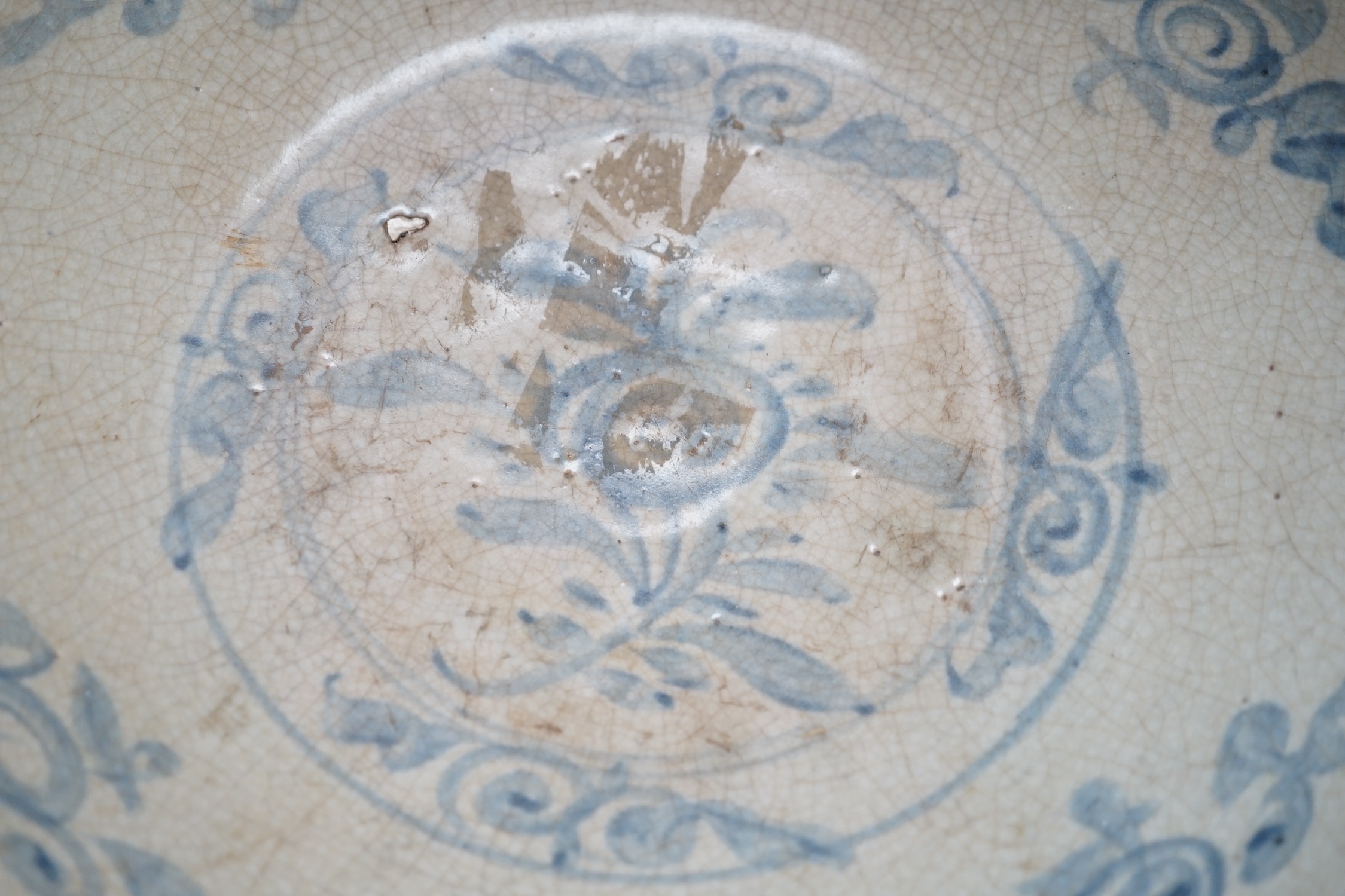 A Chinese Swatow blue and white dish, 17th century, 32cm diameter